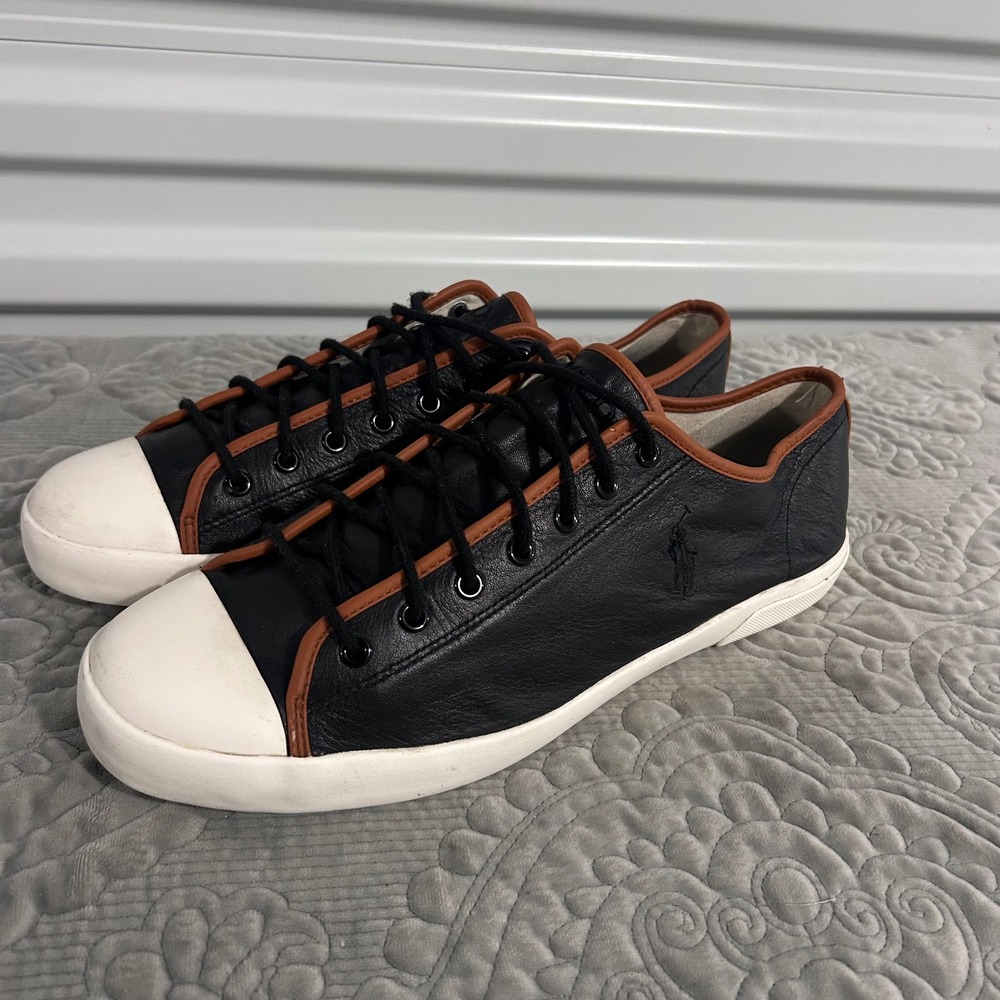 Polo Ralph Lauren Mens Black Leather Low Top Sneakers Brown Trim White Toe Cap